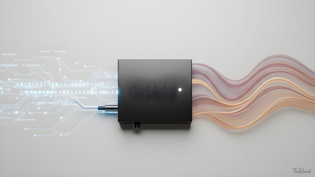 A conceptual illustration of an External DAC converting binary digital signals into continuous analog audio waves, representing the core DAC function and how it achieves higher sound quality improvement over internal DACs.