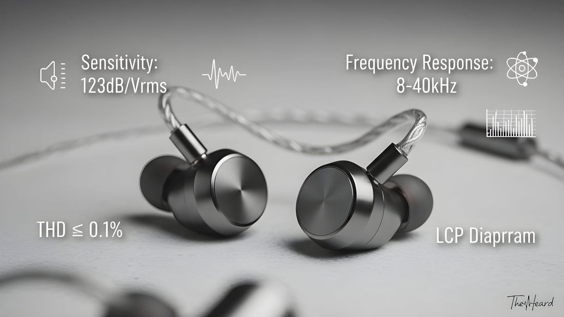 A minimalist guide to headphone specs, with key terms like Sensitivity, THD, and Frequency Response displayed next to a clean image of an earphone.