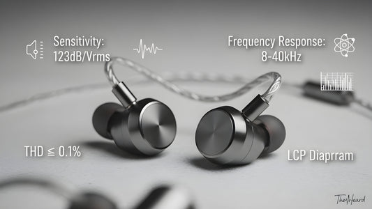 A minimalist guide to headphone specs, with key terms like Sensitivity, THD, and Frequency Response displayed next to a clean image of an earphone.