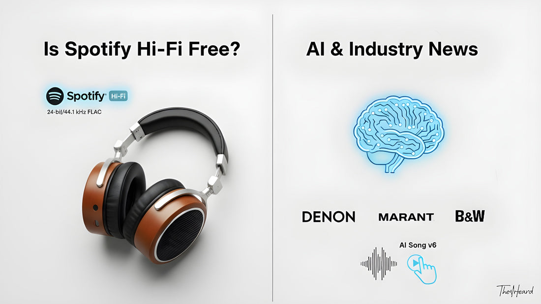 A blog cover image for TheHeard shop, summarizing weekly audio tech and industry news. It features a high-end headphone, Spotify Hi-Fi logo, an AI brain graphic, and the logos of Denon, Marantz, and B&W, all set against a clean, minimalist background.
