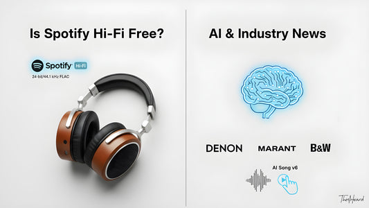 A blog cover image for TheHeard shop, summarizing weekly audio tech and industry news. It features a high-end headphone, Spotify Hi-Fi logo, an AI brain graphic, and the logos of Denon, Marantz, and B&W, all set against a clean, minimalist background.