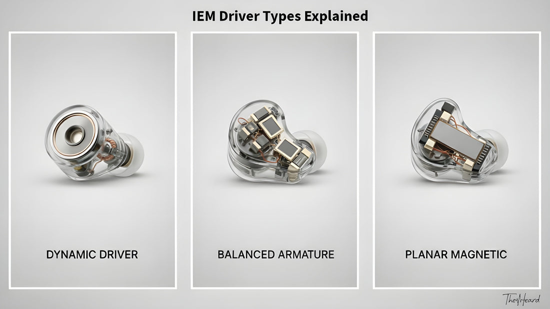 Visual comparison of three IEM driver types: Dynamic Driver, Balanced Armature, and Planar Magnetic.