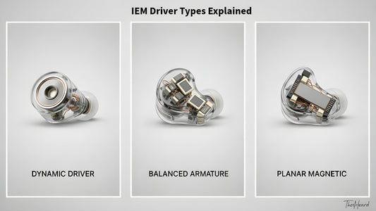 Visual comparison of three IEM driver types: Dynamic Driver, Balanced Armature, and Planar Magnetic.