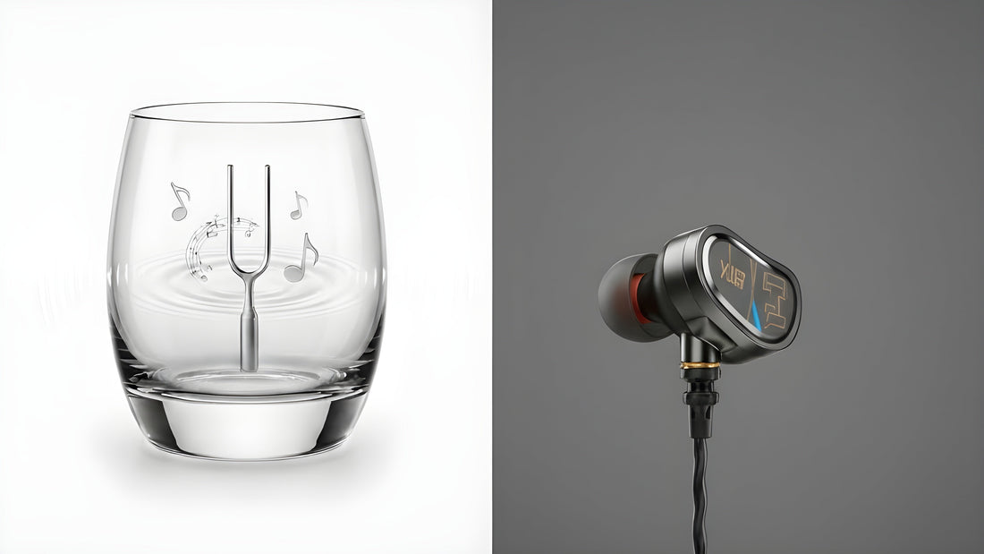 Side-by-side comparison of Meta Ray-Ban smart glasses (showing connectivity) and a high-fidelity IEM (showing music immersion), highlighting the technical difference in open-ear vs in-ear audio.