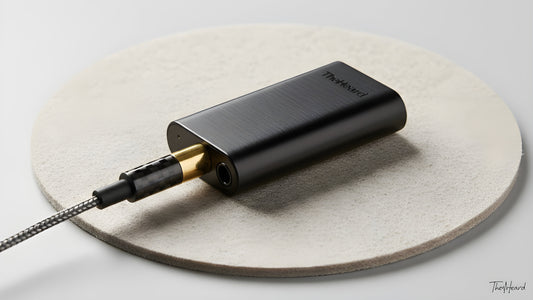 Close-up of TheHeard premium Dongle DAC in matte black brushed aluminum with a 4.4mm balanced audio plug inserted. High-quality studio product photo on a beige felt mat.