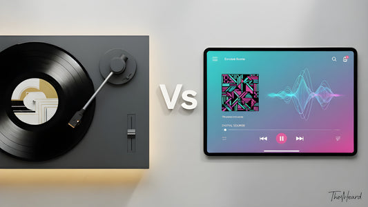 Flat lay of a turntable and a tablet with a music app, with 'Vs' comparing vinyl and streaming.