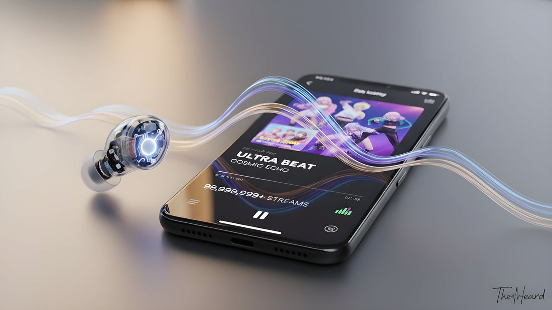 Transparent earbud and smartphone with K-Pop music app, connected by a glowing sound wave. Highlights modern audio tech and digital music trends.