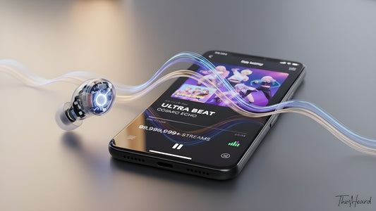 Transparent earbud and smartphone with K-Pop music app, connected by a glowing sound wave. Highlights modern audio tech and digital music trends.